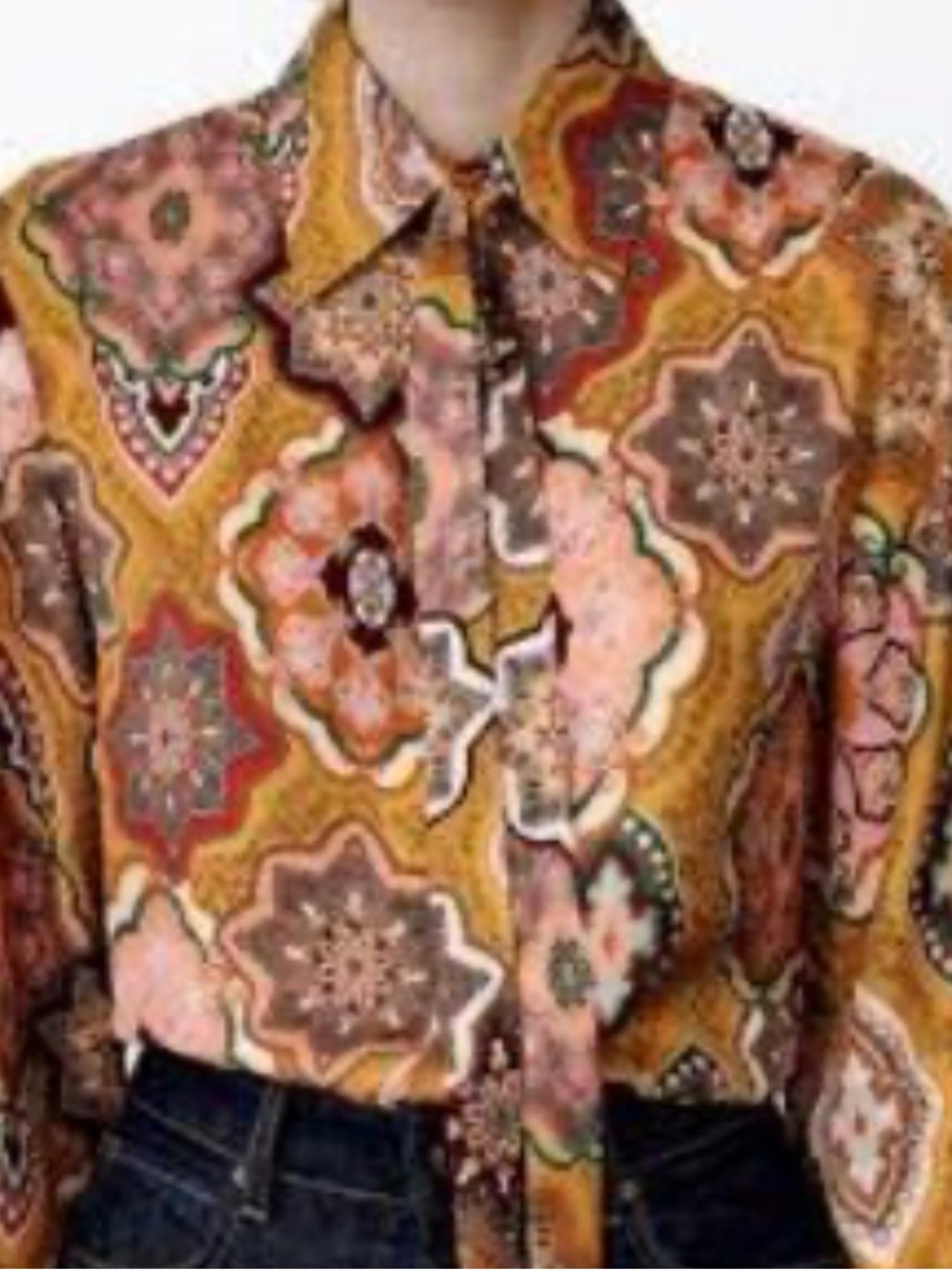 Zara Paisley Tie-Neck Blouse in Mustard, Pink and Brown
